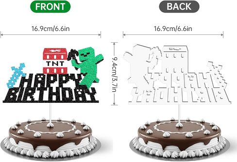 Happy Birthday Cake Topper - Glitter Pixel Miner Style Cake Picks Craft Decorations, Video Game Themed Cake Toppers for Kids Boy and Girl Birthday Party Supplies Decor in Kuwait