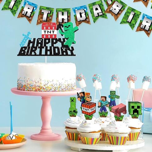 Happy Birthday Cake Topper - Glitter Pixel Miner Style Cake Picks Craft Decorations, Video Game Themed Cake Toppers for Kids Boy and Girl Birthday Party Supplies Decor in Kuwait