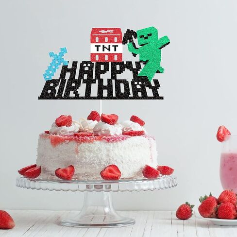 Happy Birthday Cake Topper - Glitter Pixel Miner Style Cake Picks Craft Decorations, Video Game Themed Cake Toppers for Kids Boy and Girl Birthday Party Supplies Decor in Kuwait