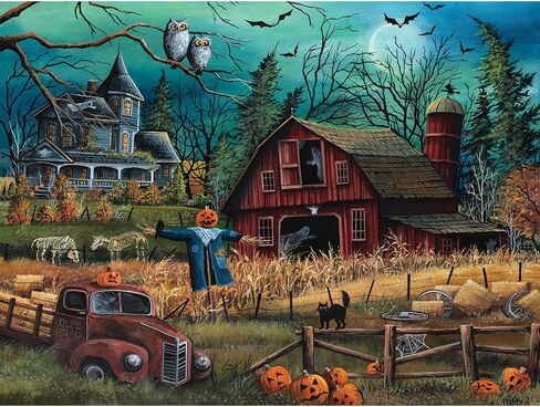 Bits and Pieces 500 Piece Puzzles for Adults - Large 18" x 24" Jigsaw Puzzles 500 Pieces Halloween Farm Scarecrow Haunted House, Random Die Cut, No 2 Pieces Alike, Haunted Farmyard in Saudi Arabia