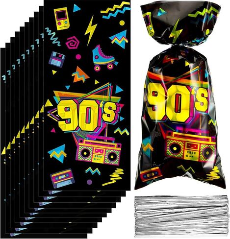 100 Pieces 90s Party Treat Bags 90s Candy Bags Neon Retro 1990s Birthday Cellophane Plastic Goodie Bags with 100 Silver Twist Ties for 90s Theme Party Supplies in Saudi Arabia