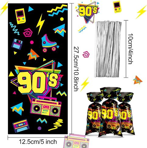 100 Pieces 90s Party Treat Bags 90s Candy Bags Neon Retro 1990s Birthday Cellophane Plastic Goodie Bags with 100 Silver Twist Ties for 90s Theme Party Supplies in Saudi Arabia
