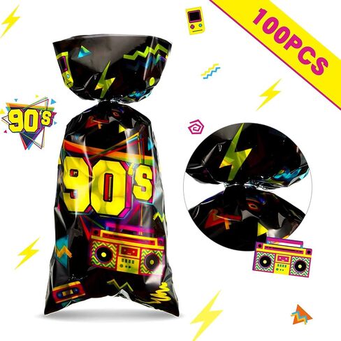 100 Pieces 90s Party Treat Bags 90s Candy Bags Neon Retro 1990s Birthday Cellophane Plastic Goodie Bags with 100 Silver Twist Ties for 90s Theme Party Supplies in Saudi Arabia