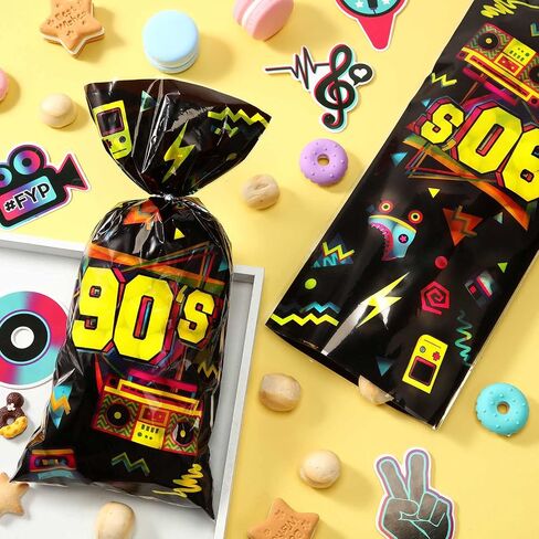 100 Pieces 90s Party Treat Bags 90s Candy Bags Neon Retro 1990s Birthday Cellophane Plastic Goodie Bags with 100 Silver Twist Ties for 90s Theme Party Supplies in Saudi Arabia