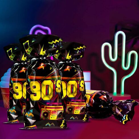 100 Pieces 90s Party Treat Bags 90s Candy Bags Neon Retro 1990s Birthday Cellophane Plastic Goodie Bags with 100 Silver Twist Ties for 90s Theme Party Supplies in Saudi Arabia