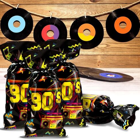 100 Pieces 90s Party Treat Bags 90s Candy Bags Neon Retro 1990s Birthday Cellophane Plastic Goodie Bags with 100 Silver Twist Ties for 90s Theme Party Supplies in Saudi Arabia