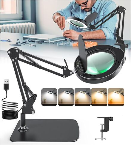 10X Magnifying Glass with Light and Stand | Dust Cover Design, 5 Color Temp Modes Dimmable LED Magnifying Lamp with Swing Arm | Hands Free Desk Magnifying Light for Crafts, Read & Close Work in Saudi Arabia