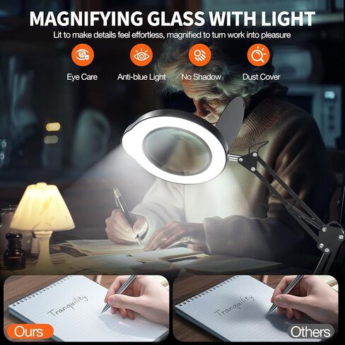 10X Magnifying Glass with Light and Stand | Dust Cover Design, 5 Color Temp Modes Dimmable LED Magnifying Lamp with Swing Arm | Hands Free Desk Magnifying Light for Crafts, Read & Close Work in Saudi Arabia