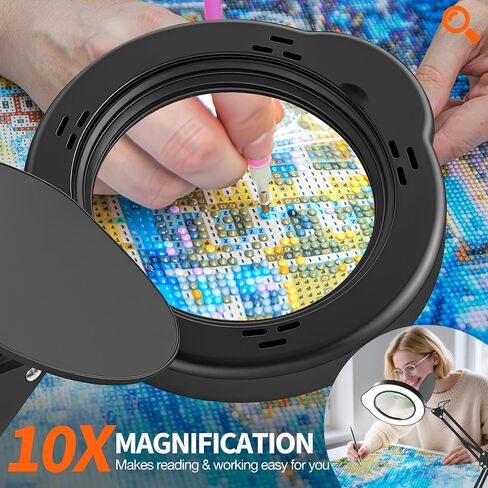 10X Magnifying Glass with Light and Stand | Dust Cover Design, 5 Color Temp Modes Dimmable LED Magnifying Lamp with Swing Arm | Hands Free Desk Magnifying Light for Crafts, Read & Close Work in Saudi Arabia