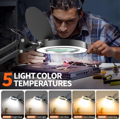 10X Magnifying Glass with Light and Stand | Dust Cover Design, 5 Color Temp Modes Dimmable LED Magnifying Lamp with Swing Arm | Hands Free Desk Magnifying Light for Crafts, Read & Close Work in Saudi Arabia