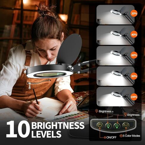 10X Magnifying Glass with Light and Stand | Dust Cover Design, 5 Color Temp Modes Dimmable LED Magnifying Lamp with Swing Arm | Hands Free Desk Magnifying Light for Crafts, Read & Close Work in Saudi Arabia