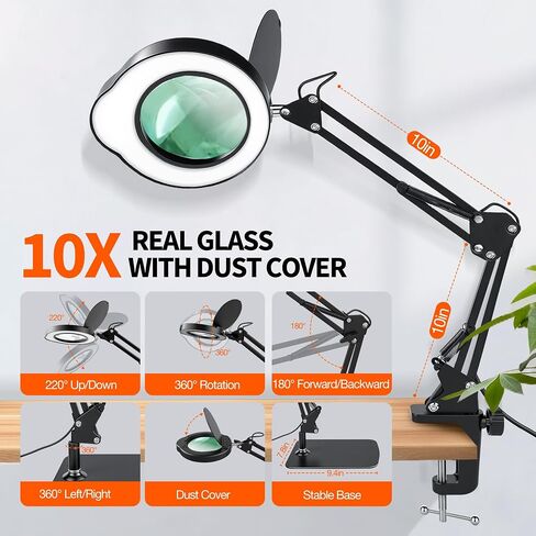 10X Magnifying Glass with Light and Stand | Dust Cover Design, 5 Color Temp Modes Dimmable LED Magnifying Lamp with Swing Arm | Hands Free Desk Magnifying Light for Crafts, Read & Close Work in Saudi Arabia