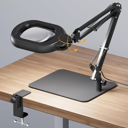 Magnifying Desk Lamp, 10X Square Magnifying Glass with Light and Stand, Dimmable LED Magnifier Lamp with Clamp and Base, Adjustable Swing Arm Light for Close Work, Reading, Crafting, Black in Saudi Arabia