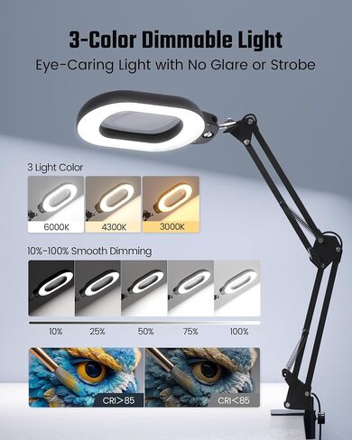 Magnifying Desk Lamp, 10X Square Magnifying Glass with Light and Stand, Dimmable LED Magnifier Lamp with Clamp and Base, Adjustable Swing Arm Light for Close Work, Reading, Crafting, Black in Saudi Arabia