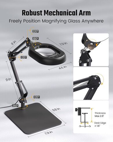 Magnifying Desk Lamp, 10X Square Magnifying Glass with Light and Stand, Dimmable LED Magnifier Lamp with Clamp and Base, Adjustable Swing Arm Light for Close Work, Reading, Crafting, Black in Saudi Arabia