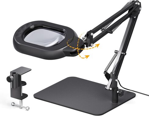 Magnifying Desk Lamp, 10X Square Magnifying Glass with Light and Stand, Dimmable LED Magnifier Lamp with Clamp and Base, Adjustable Swing Arm Light for Close Work, Reading, Crafting, Black in Saudi Arabia