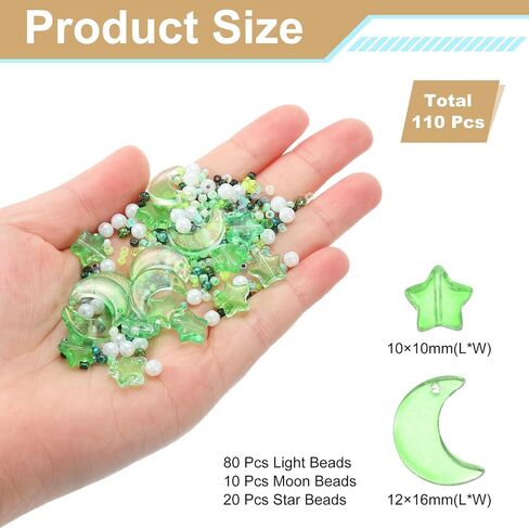 Uxcell 110pcs حبات النجمة القمر ، Star Moon Acrylic Beads Beads Crystal Glass Spacer Bead for DIY Making Mowner Craft ، Green in Saudi Arabia