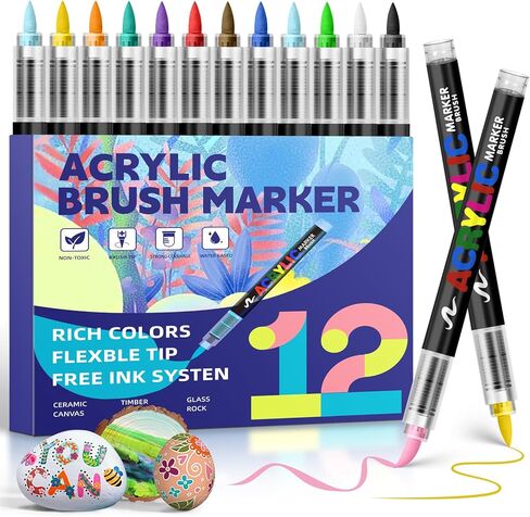 GOTIDEAL Acrylic Paint Markers Brush Tip,Waterproof Paint Pens acrylic Markers,No Bleed Acrylic Brush markers for Fabric,Wood,Rocks,Canvas Painting,Glass,Ceramic,Art Craft Supplies(12 Colors) in Saudi Arabia