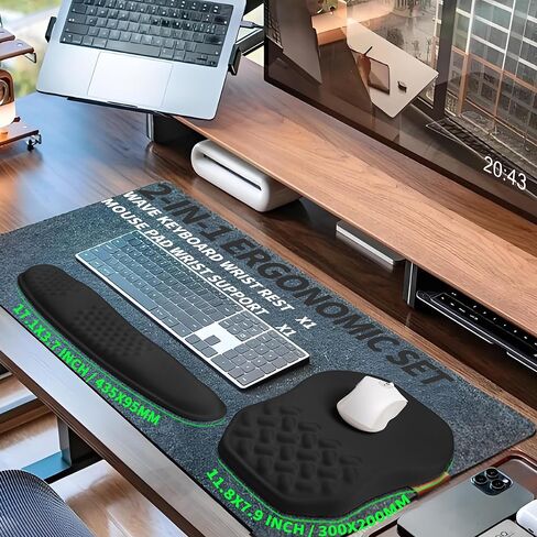 2-in-1 Ergonomic Set, Wave Keyboard Wrist Rest and Massage Slope Mouse Pad Wrist Support, Rebound Memory Foam for Relieve Carpal Tunnel Syndrome and Wrist Pain (Black) in Kuwait