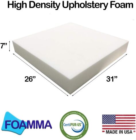 FOAMMA 7" x 26" x 31" High Density Upholstery Foam Cushion (Seat Replacement, Upholstery Sheet, Foam Padding) Made in USA in Saudi Arabia
