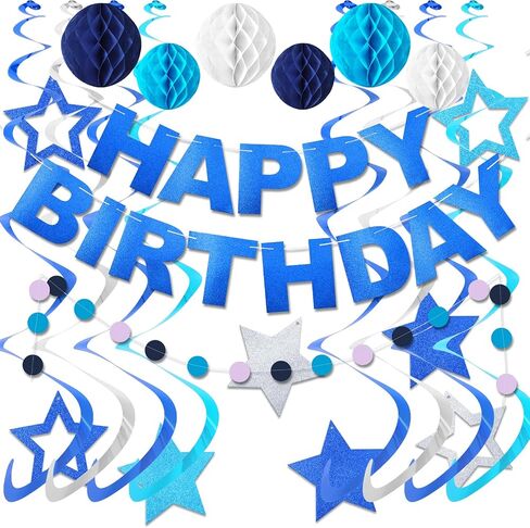 Blue Birthday Decorations with Happy Birthday Banner, Stars Hanging Swirl Streamers, Honeycomb Balls, Circle Dots Garland birthday Party Decorations for Boys Men. in Saudi Arabia