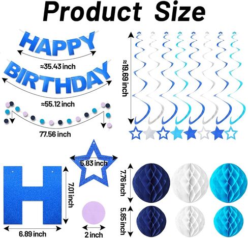 Blue Birthday Decorations with Happy Birthday Banner, Stars Hanging Swirl Streamers, Honeycomb Balls, Circle Dots Garland birthday Party Decorations for Boys Men. in Saudi Arabia