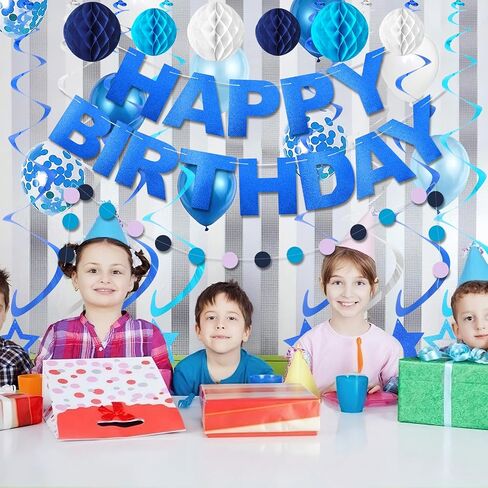Blue Birthday Decorations with Happy Birthday Banner, Stars Hanging Swirl Streamers, Honeycomb Balls, Circle Dots Garland birthday Party Decorations for Boys Men. in Saudi Arabia