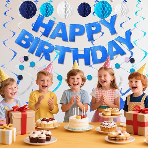 Blue Birthday Decorations with Happy Birthday Banner, Stars Hanging Swirl Streamers, Honeycomb Balls, Circle Dots Garland birthday Party Decorations for Boys Men. in Saudi Arabia