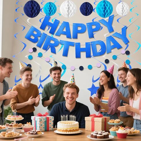 Blue Birthday Decorations with Happy Birthday Banner, Stars Hanging Swirl Streamers, Honeycomb Balls, Circle Dots Garland birthday Party Decorations for Boys Men. in Saudi Arabia