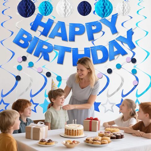 Blue Birthday Decorations with Happy Birthday Banner, Stars Hanging Swirl Streamers, Honeycomb Balls, Circle Dots Garland birthday Party Decorations for Boys Men. in Saudi Arabia