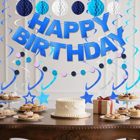 Blue Birthday Decorations with Happy Birthday Banner, Stars Hanging Swirl Streamers, Honeycomb Balls, Circle Dots Garland birthday Party Decorations for Boys Men. in Saudi Arabia