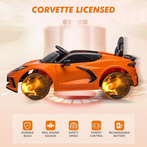 ركوب على سيارة بطارية 12 فولت التي تعمل بالبطارية للأطفال مرخصة من لعبة Corvette Toddlers Electric Car مع التحكم عن بُعد ولوحة القيادة البصرية والموسيقى وأضواء LED والهدايا للفتيان والفتيات الداكن. in Kuwait