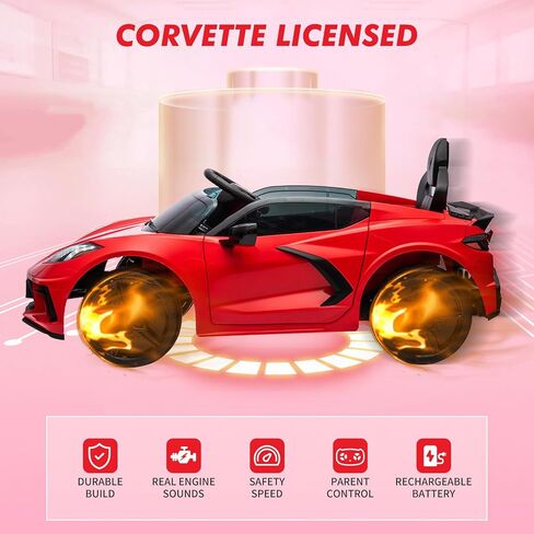 ركوب على سيارة بطارية 12 فولت التي تعمل بالبطارية للأطفال مرخصة من لعبة Corvette Toddlers Electric Car مع التحكم عن بُعد ولوحة القيادة البصرية والموسيقى وأضواء LED والهدايا للفتيان والفتيات الداكن. in Kuwait