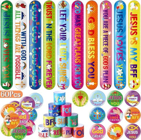 60 Pcs Christian Slap Bracelets Religious Gifts Bible Verse Slap Bracelets Bulk with Badges Jesus Love You Wristbands Inspirational Gifts for VBS Sunday School Supplies Birthday Party Favors in Saudi Arabia