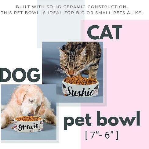 أوعية الحيوانات الأليفة السيراميك الشخصية | قابلة للتخصيص 14 تصاميم مع اسم حيوانك الأليف | 6 بوصات - أوعية مخصصة للحيوانات الأليفة للكلب أو القط أو جرو أو هريرة - طبق للأغذية الجافة أو الرطبة - هدايا مالك الحيوانات الأليفة in Kuwait