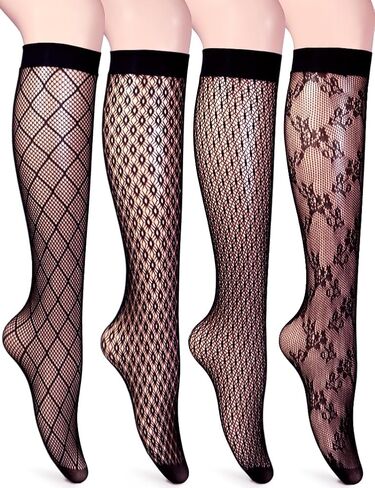 VERO MONTE 4 Pairs Women's Fishnet Knee High Socks - Stylish Black + Hollow Out in Kuwait
