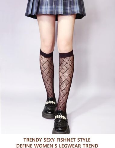 VERO MONTE 4 Pairs Women's Fishnet Knee High Socks - Stylish Black + Hollow Out in Kuwait