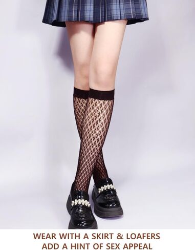 VERO MONTE 4 Pairs Women's Fishnet Knee High Socks - Stylish Black + Hollow Out in Kuwait