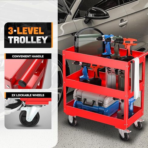 Auto Dynasty 3-Tier Rolling Service Cart 330 lbs Capacity Tool Cart on Wheels Heavy Duty Utility Cart for Warehouse, Garage and Mechanic Work, Red in Kuwait