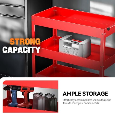 Auto Dynasty 3-Tier Rolling Service Cart 330 lbs Capacity Tool Cart on Wheels Heavy Duty Utility Cart for Warehouse, Garage and Mechanic Work, Red in Kuwait