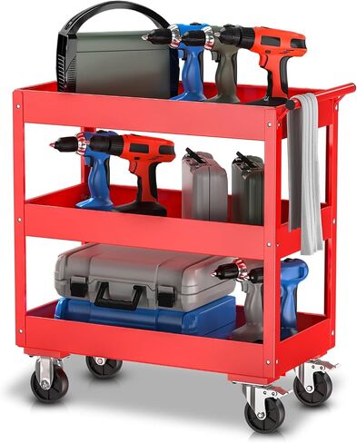 Auto Dynasty 3-Tier Rolling Service Cart 330 lbs Capacity Tool Cart on Wheels Heavy Duty Utility Cart for Warehouse, Garage and Mechanic Work, Red in Kuwait