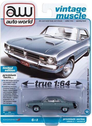1971 DART SWINGER 340 Special Light Gunmetal Gray Met W/Black Tail Stripe Muscle Ltd Ed 1/64 Diecast Model Car by Auto World 64362-AWSP105 a in Saudi Arabia