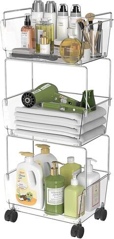 3 Tier Rolling Utility Cart,Plastic Storage Cart with Wheels,Movable Storage Cart Organizer for Living Room,Kitchen,Bathroom,Pantry,Nursery,Clear in Kuwait