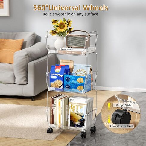 3 Tier Rolling Utility Cart,Plastic Storage Cart with Wheels,Movable Storage Cart Organizer for Living Room,Kitchen,Bathroom,Pantry,Nursery,Clear in Kuwait