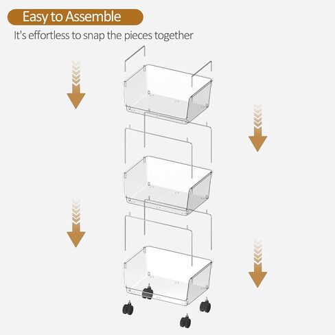 3 Tier Rolling Utility Cart,Plastic Storage Cart with Wheels,Movable Storage Cart Organizer for Living Room,Kitchen,Bathroom,Pantry,Nursery,Clear in Kuwait