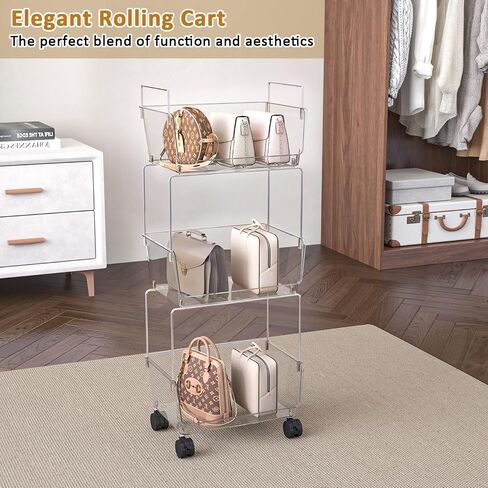 3 Tier Rolling Utility Cart,Plastic Storage Cart with Wheels,Movable Storage Cart Organizer for Living Room,Kitchen,Bathroom,Pantry,Nursery,Clear in Kuwait
