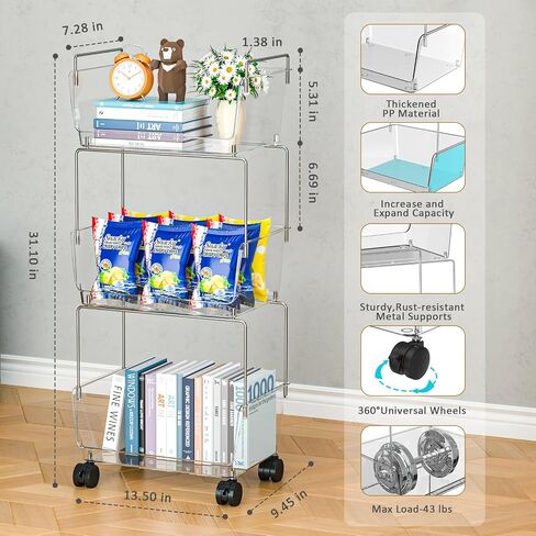 3 Tier Rolling Utility Cart,Plastic Storage Cart with Wheels,Movable Storage Cart Organizer for Living Room,Kitchen,Bathroom,Pantry,Nursery,Clear in Kuwait