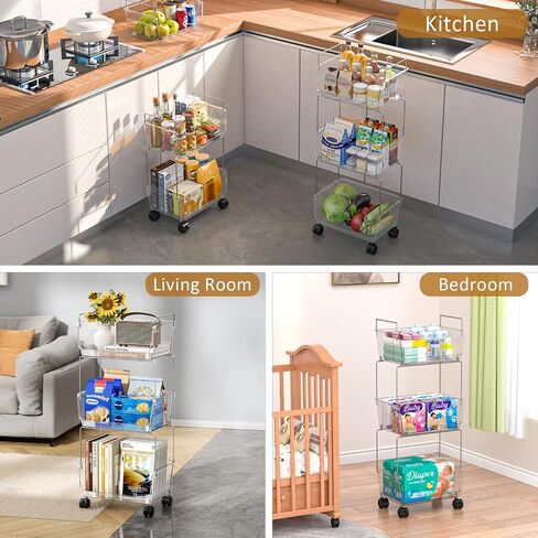 3 Tier Rolling Utility Cart,Plastic Storage Cart with Wheels,Movable Storage Cart Organizer for Living Room,Kitchen,Bathroom,Pantry,Nursery,Clear in Kuwait