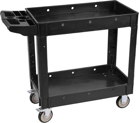 Service Utility Cart, 2-Shelf 550LBS Heavy Duty Plastic Rolling Tool Cart 2 Swivel Casters with Brakes, Ergonomic Storage Handle for Warehouse, Garage, Cleaning, Manufacturing - Black in Kuwait