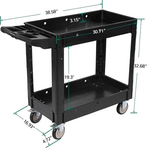 Service Utility Cart, 2-Shelf 550LBS Heavy Duty Plastic Rolling Tool Cart 2 Swivel Casters with Brakes, Ergonomic Storage Handle for Warehouse, Garage, Cleaning, Manufacturing - Black in Kuwait